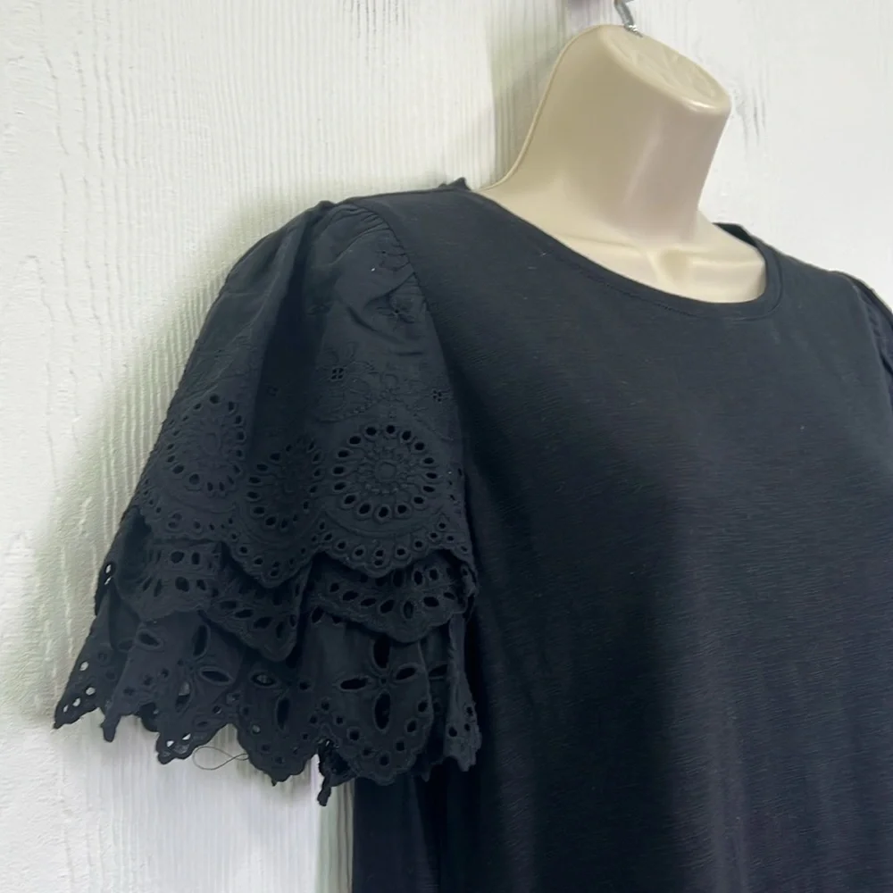 Chicos - Black Crewneck Crochet Tiered Short Sleeves Shirt Midi Dress Size Med